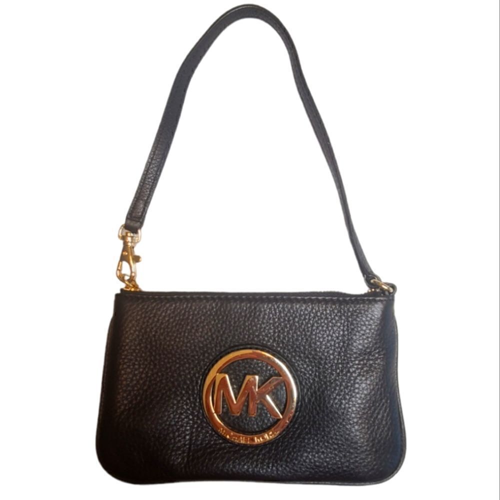 Michael Kors Black Leather Wristlet Bag Purse
